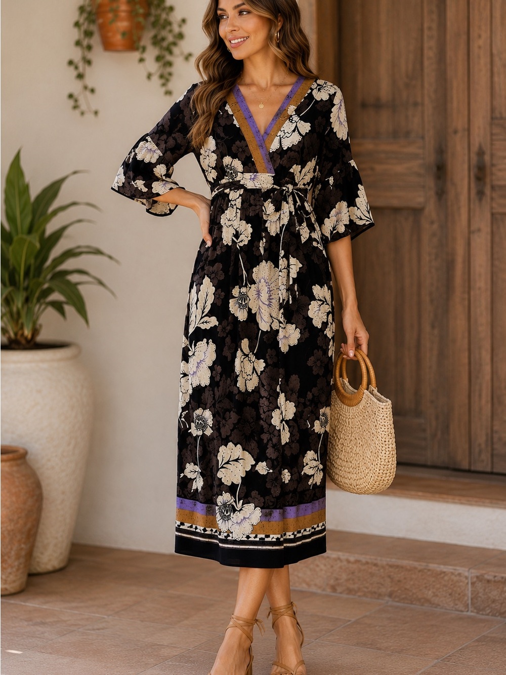 sofia by sofia vergara Black Floral Midi Dress with Purple Trim